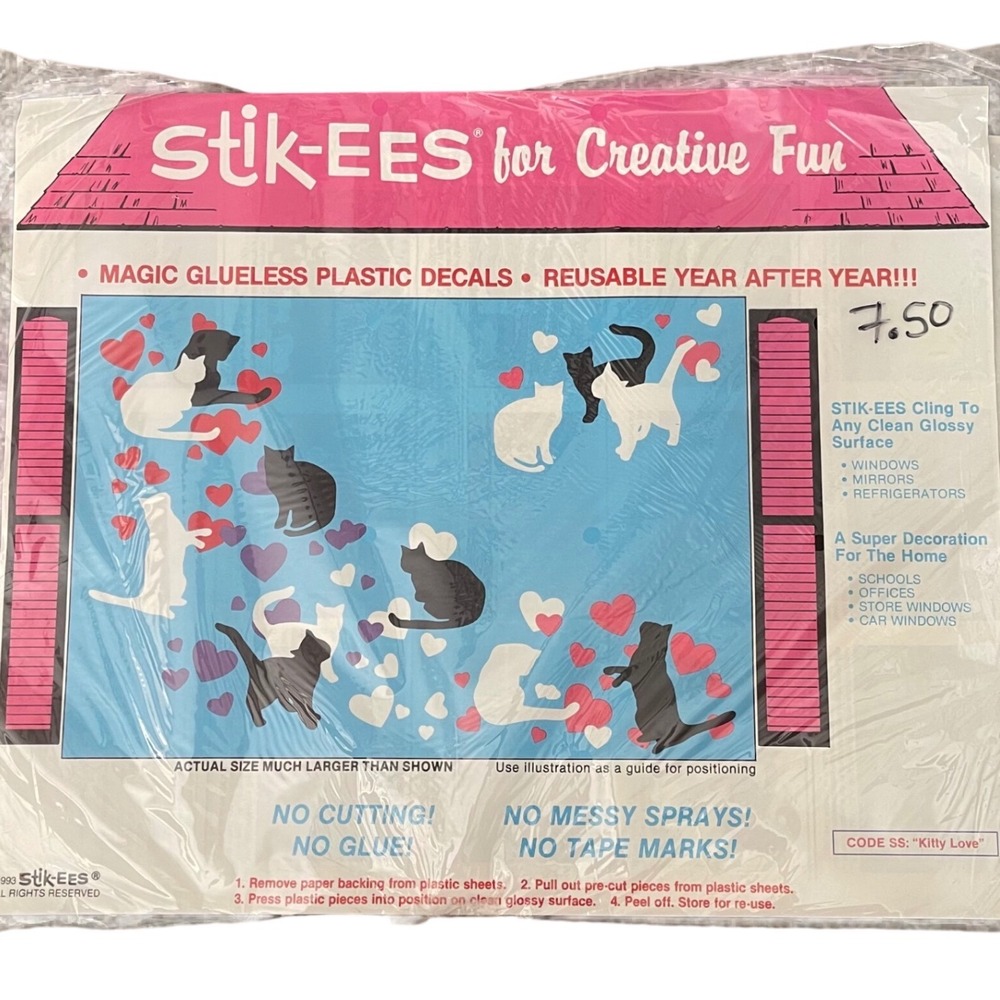 Vtg Stik-ees Window Clings 90s Teacher School kitty love hearts pink‎ purple red